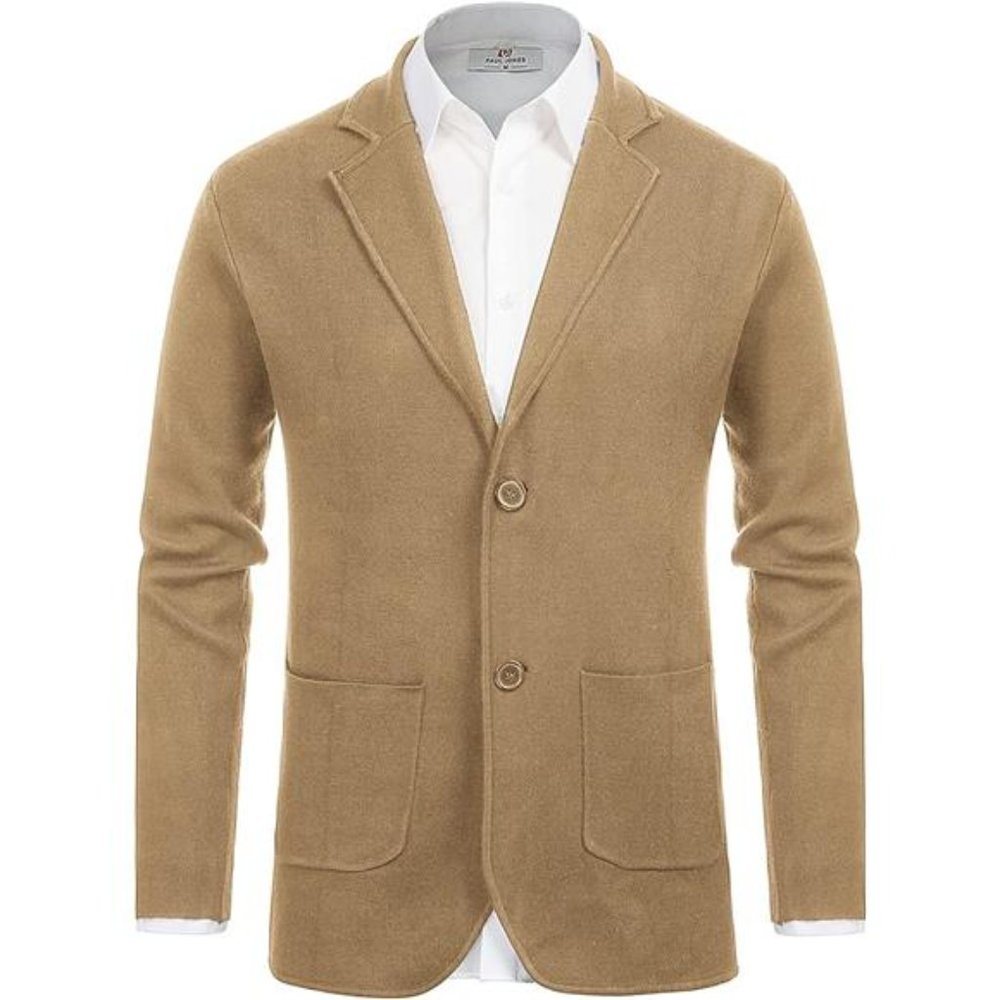 Men's Camel Knit Blazer Cardigan with Patch Pockets
